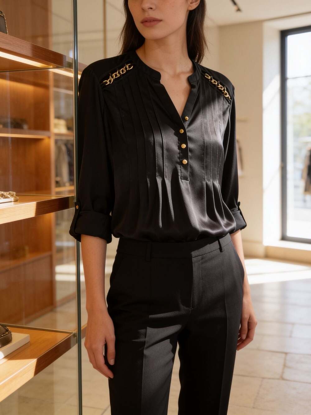 Ava & Grace Women's Pintuck Front Blouse with Gold Chain Shoulder Detail